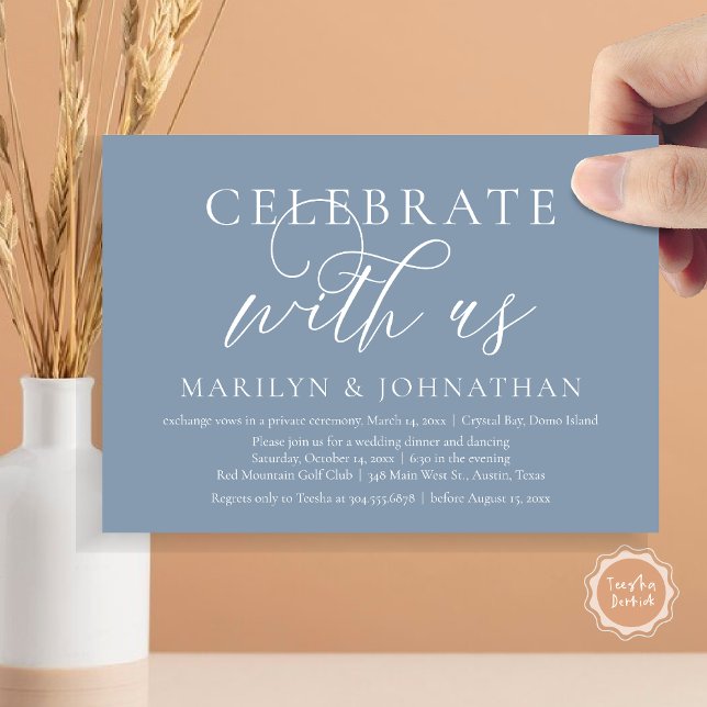 Firar med oss, Bröllop Elopement Dinner Party Inbjudningar (Celebrate with us, Modern Wedding Elopement Dinner Invitation Card, PDF, Modern Romantic Dusty Blue)