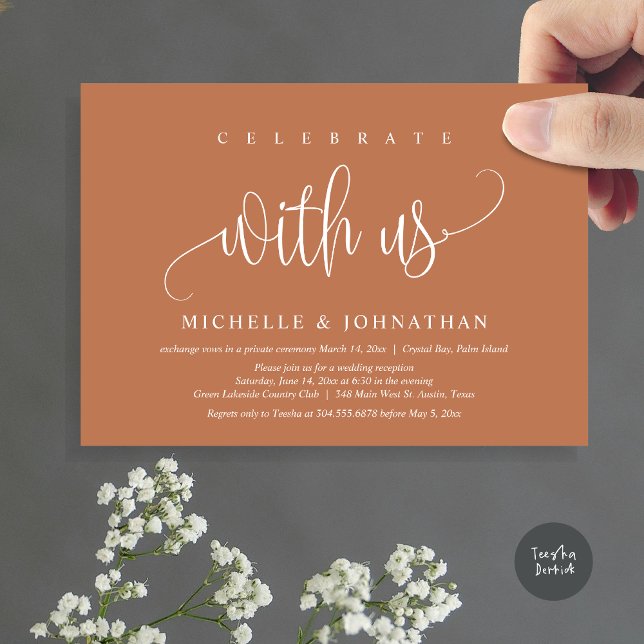Firar med oss, Bröllop Elopement Firande Inbjudningar (Celebrate with us, Modern Wedding Elopement Dinner Party Invitation Card, PDF, in timeless Copper)