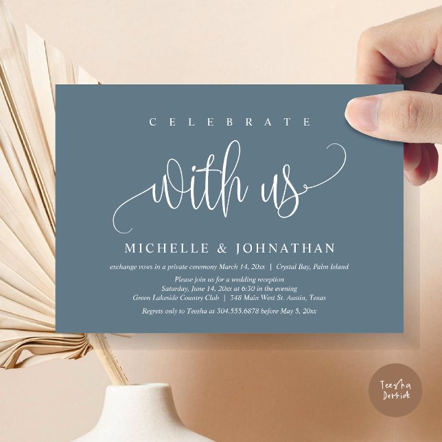 Firar med oss, Bröllop Elopement Firande Inbjudningar (Celebrate with us, Modern Wedding Elopement Dinner Party Invitation Card, PDF, in Dusty Blue)