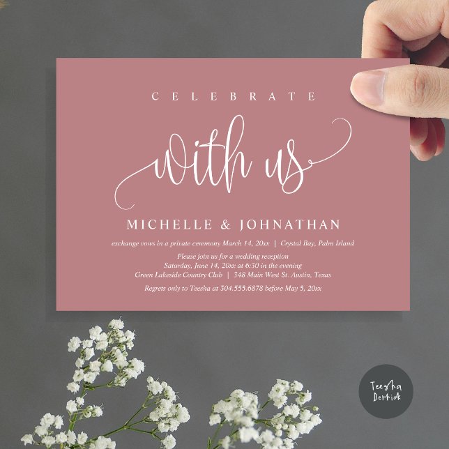 Firar med oss, Bröllop Elopement Firande Inbjudningar (Celebrate with us, Modern Wedding Elopement Dinner Party Invitation Card, PDF, in dusty rose pink)