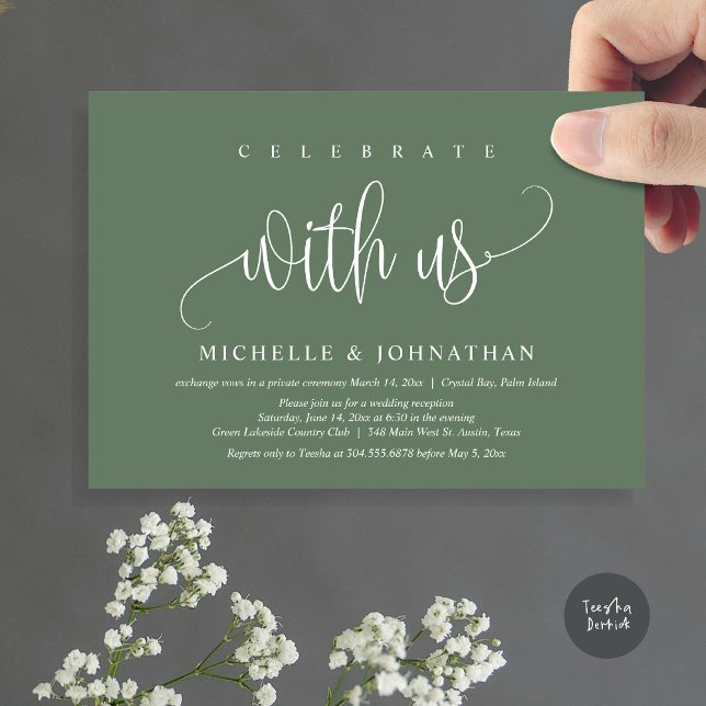 Firar med oss, Bröllop Elopement Firande Inbjudningar (Celebrate with us, Modern Wedding Elopement Dinner Party Invitation Card, PDF, in Forest Sage Green)