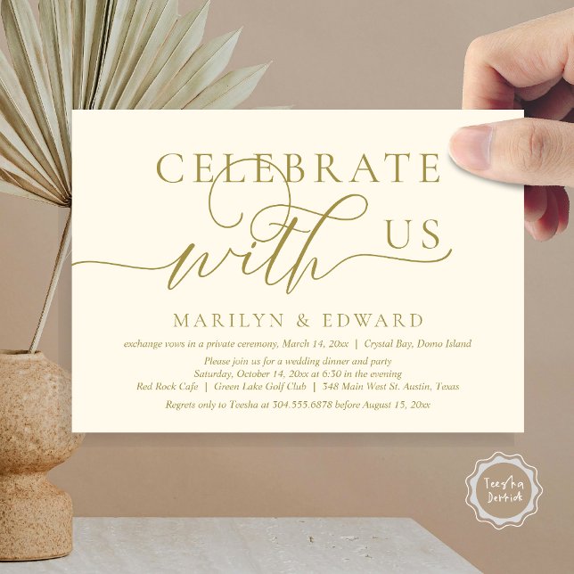 Firar med oss, Bröllop Elopement Party Inbjudningar (Celebrate with us, Wedding Elopement Party Invitation Card, PDF, Modern Elegant, in classy gold)