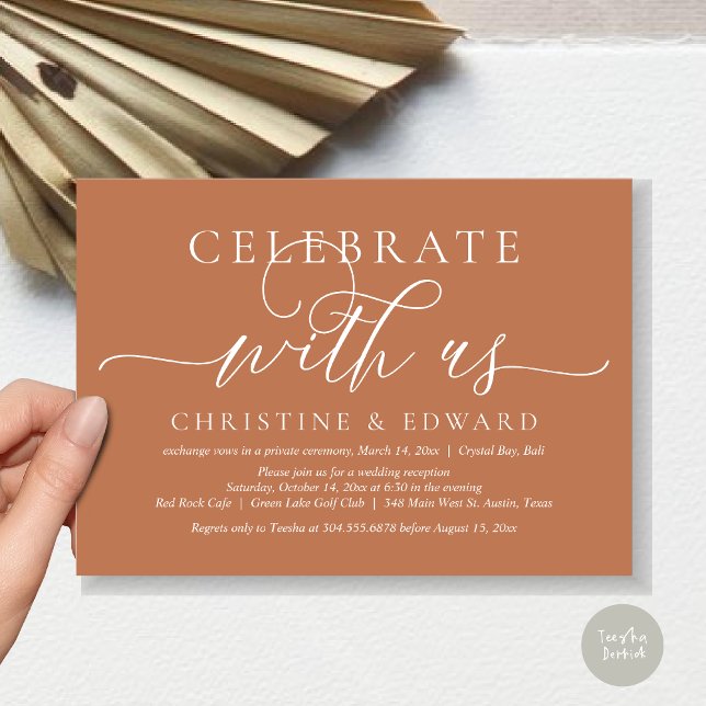 Firar med oss, Bröllop Elopement Party, koppar Inbjudningar (Celebrate with us, Romantic Modern Wedding Elopement Invitation Card, PDF, in Copper)