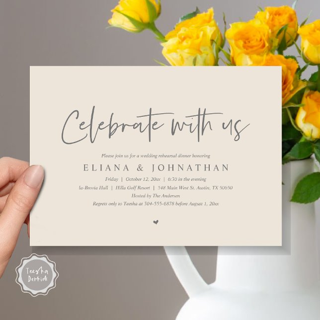 Firar med oss, Bröllop Rehearsal Dinner Inbjudningar (Celebrate with us, Wedding Rehearsal Dinner Party Invitation Card, PDF, Modern Casual, in Grey Cream)