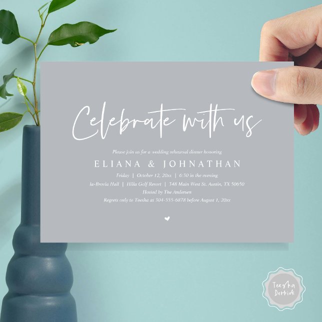 Firar med oss, Bröllop Rehearsal Dinner Inbjudningar (Celebrate with us, Wedding Rehearsal Dinner Party Invitation Card, PDF, Modern Casual, in Chill Grey)