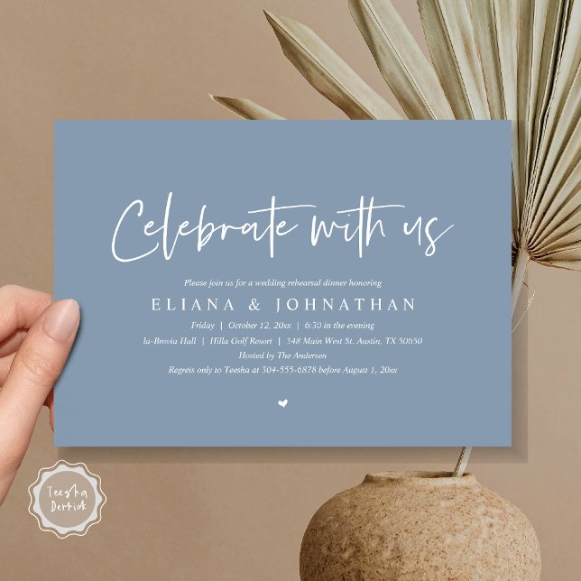 Firar med oss, Bröllop Rehearsal Dinner Inbjudningar (Celebrate with us, Wedding Rehearsal Dinner Party Invitation Card, PDF, Modern Casual, in Dusty Blue)