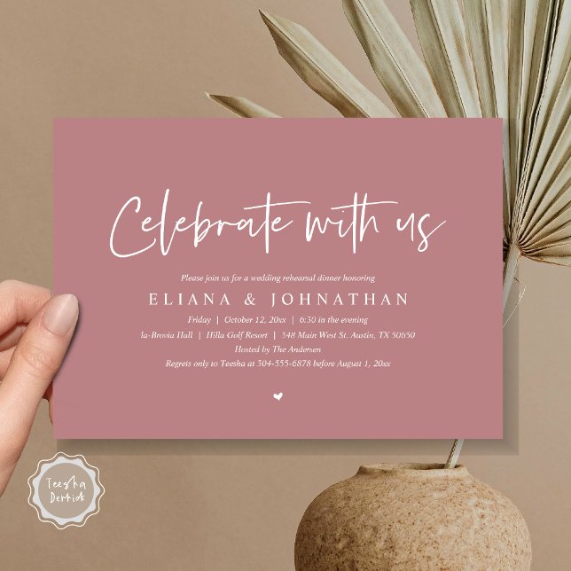 Firar med oss, Bröllop Rehearsal Dinner Inbjudningar (Celebrate with us, Wedding Rehearsal Dinner Party Invitation Card, PDF, Modern, in Dusty Rose Pink)