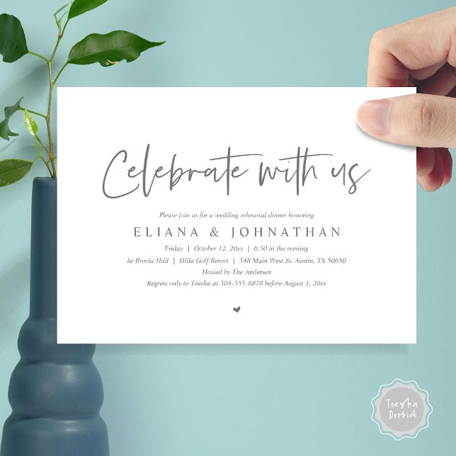 Firar med oss, Bröllop Rehearsal Dinner Inbjudningar (Celebrate with us, Wedding Rehearsal Dinner Party Invitation Card, PDF, Modern Casual, in Dark Grey)