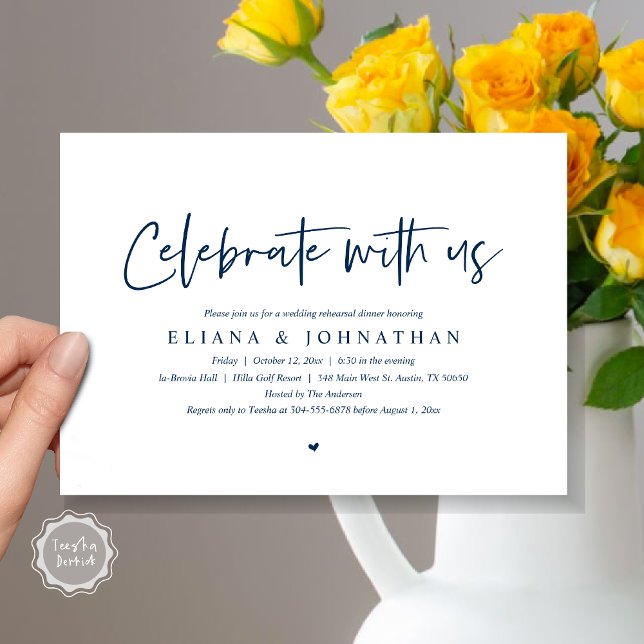 Firar med oss, Bröllop Rehearsal Dinner Invita Inbjudningar (Celebrate with us, Wedding Rehearsal Dinner Invitation Card, PDF, Modern Casual, in Navy Blue)