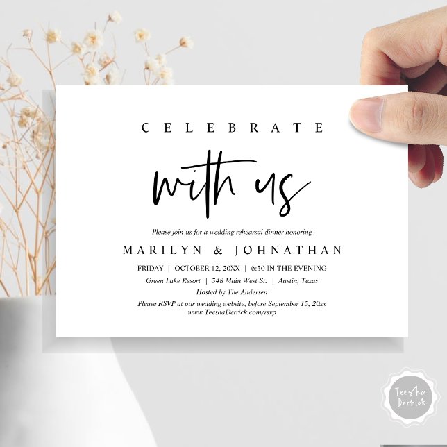 Firar med oss, Bröllop Rehearsal Party Inbjudningar (Celebrate With Us, Wedding Rehearsal Dinner, Lunch Party Invitation Card, PDF, Black and White)
