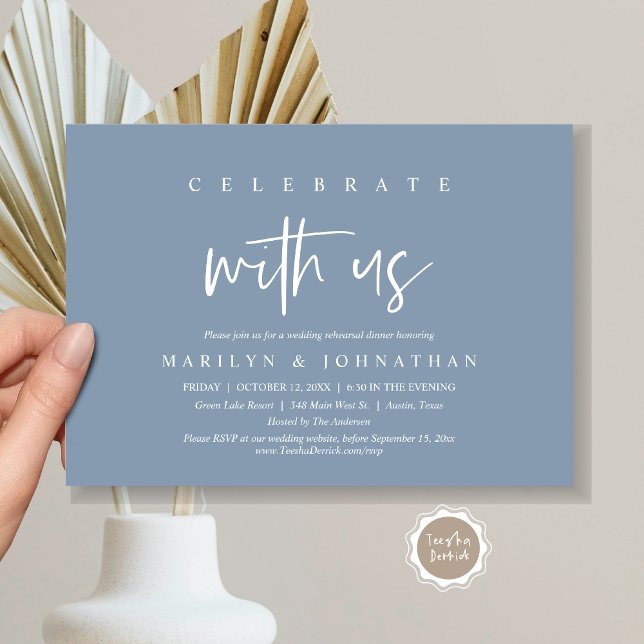 Firar med oss, Bröllop Rehearsal Party Inbjudningar (Celebrate with us, Wedding Rehearsal Dinner Party Invitation Card, PDF, Modern Casual, Dusty Blue)