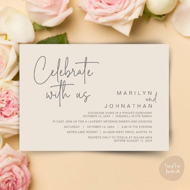 Firar med oss, Elopement Party efter Bröllop Inbjudningar (Celebrate with us, Post Wedding Elopement Party Dinner Brunch Lunch Invitation Card PDF Cream Grey)