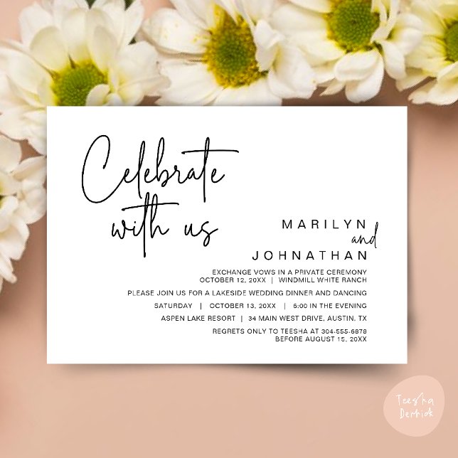 Firar med oss, Elopement Party efter Bröllop Inbjudningar (Celebrate with us, Post Wedding Elopement Party Dinner Brunch Lunch Invitation Card PDF Black White)
