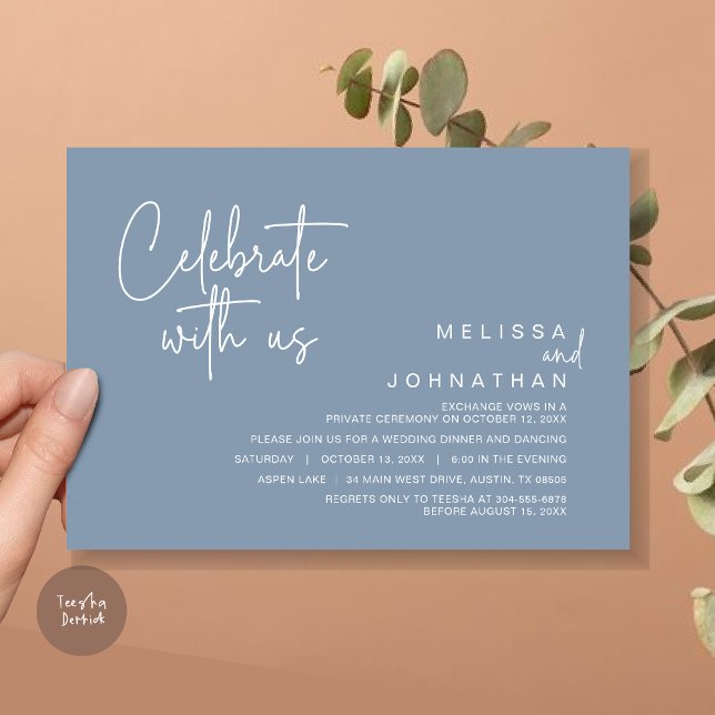 Firar med oss, Elopement Party efter Bröllop Inbjudningar (Celebrate with us, Post Wedding Elopement Dinner Party Invitation Card, PDF, in Dusty Blue)
