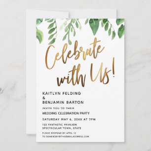 Firar med oss! Guld Calligraphy w/ Greenery Inbjudningar