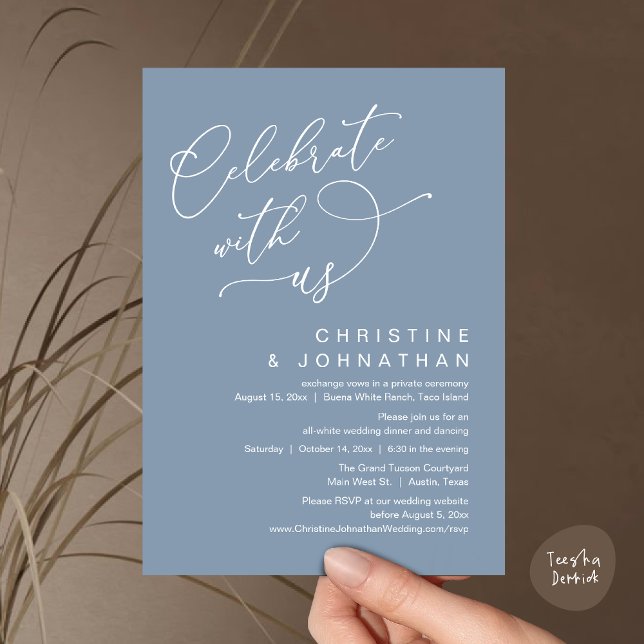Firar med oss, Romantic Bröllop Dinner Dancing Inbjudningar (Celebrate With Us, Romantic Wedding Dinner Party Lunch Brunch Invitation Card PDF Dusty Blue)