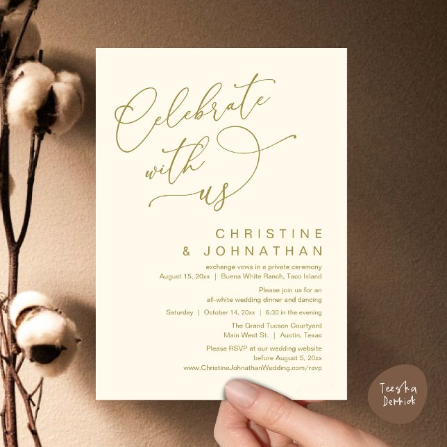 Firar med oss, Romantic Bröllop Dinner Dancing Inbjudningar (Celebrate With Us, Romantic Wedding Dinner Party Lunch Brunch Invitation Card PDF Yellow Gold)