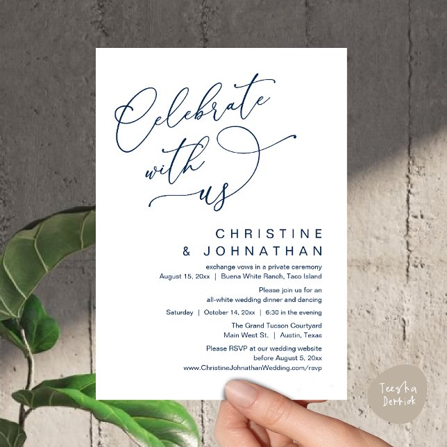 Firar med oss, Romantic Bröllop Dinner Dancing Inbjudningar (Celebrate With Us, Romantic Wedding Dinner Party Lunch Brunch Invitation Card PDF Classy Navy Blue)