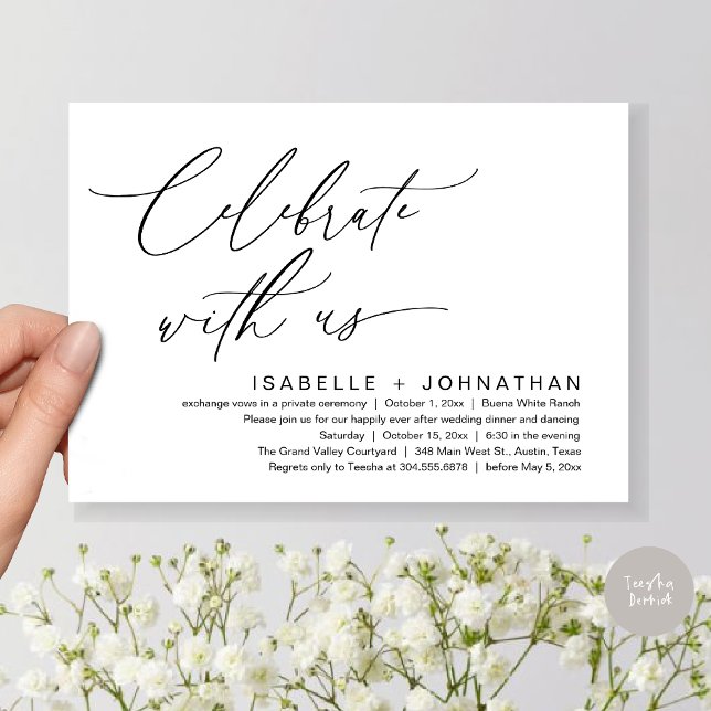 Firar med oss, Romantic Bröllop Middag Party Inbjudningar (Celebrate with us, Romantic Wedding Dinner Brunch Party Invites Card PDF Modern Classy White Black)