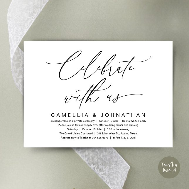 Firar med oss, Romantic Bröllop Middag Party Inbjudningar (Romantic Wedding Dinner Party, Celebrate with us Lunch Brunch Modern Invites Card  PDF White Black)