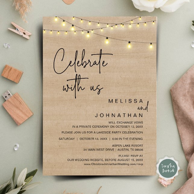 Firar med oss, Rustic Bröllop Elopement Party Inbjudningar (Celebrate With Us, Rustic Wedding Elopement Party Invitation Card, Cottage Brown Wood, String Lights)