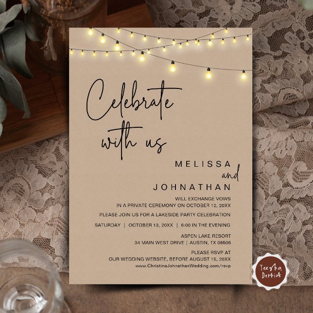 Firar med oss, Rustic Bröllop Elopement Party Inbjudningar (Celebrate With Us, Rustic Wedding Elopement Party Invitation Card, Cottage Brown Kraft String Lights)