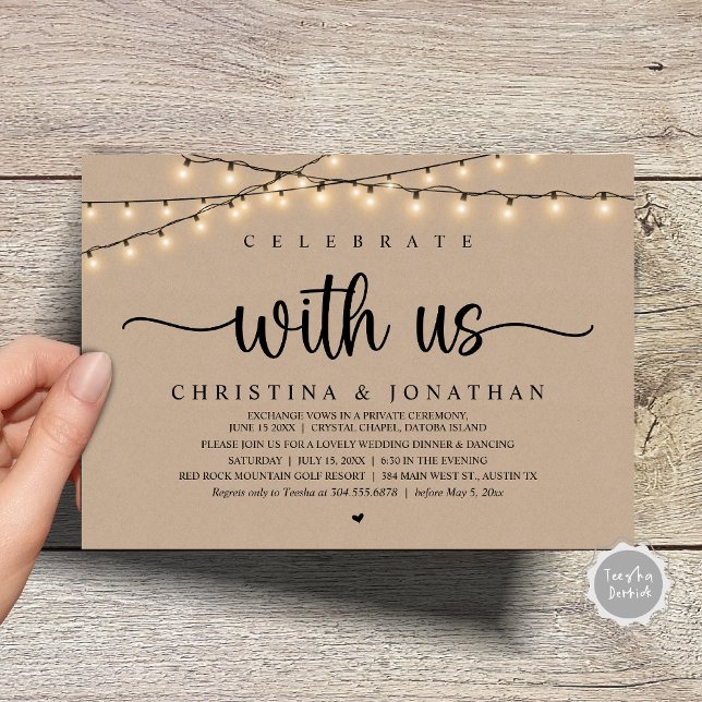 Firar med oss, Rustic Bröllop-middagen Elopement Inbjudningar (Celebrate with us, Rustic Wedding Dinner Elopement Invitation Card, PDF, String Lights Brown Kraft)