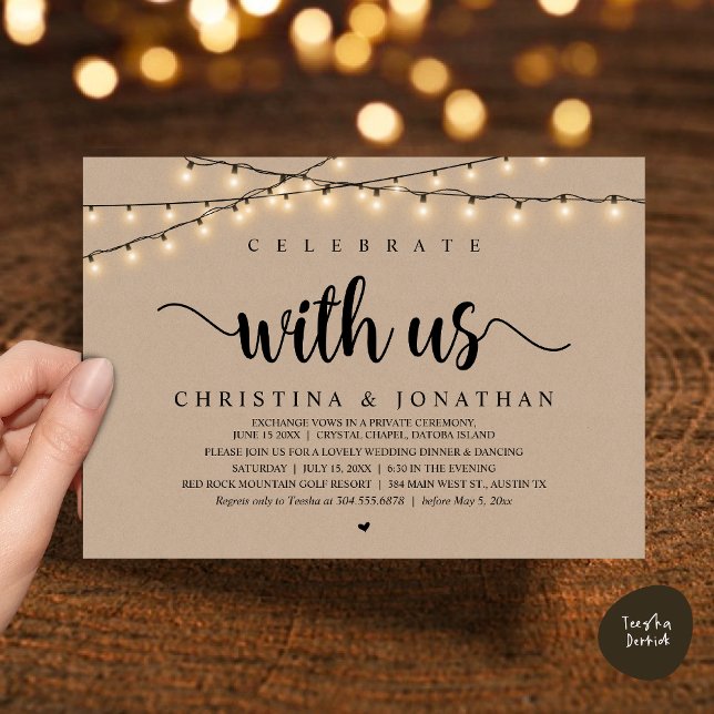 Firar med oss, Rustic Bröllop-middagen Elopement Inbjudningar (Celebrate with us, Rustic Wedding Dinner Elopement Invitation Card, PDF, String Lights Brown Kraft)