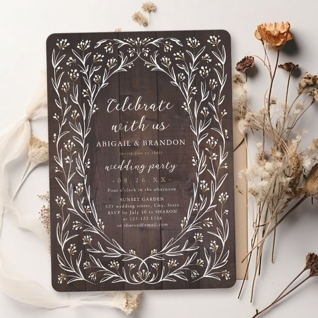Firar med oss! Rustic Wood Boho Blommigt party Inbjudningar (Celebrate With Us! Rustic Wood Boho Floral party Invitation)