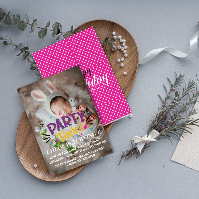 Firar med Smiles! Party - fotofödelsedag Inbjudningar (Party Time Photo Birthday Invitation – Celebrate with Smiles)