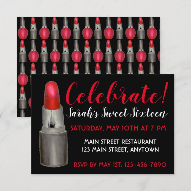 Firar! Sweet sixteen Birthday Lipstick Makeup Inbjudningar (Fram/baksida)