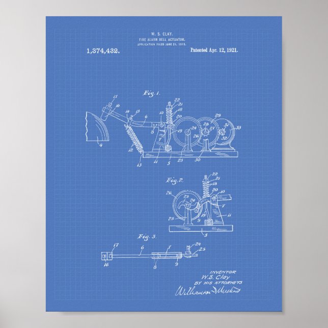 Fire Alarm Bell 1921 Patent Art - blåkopia Poster (Framsidan)