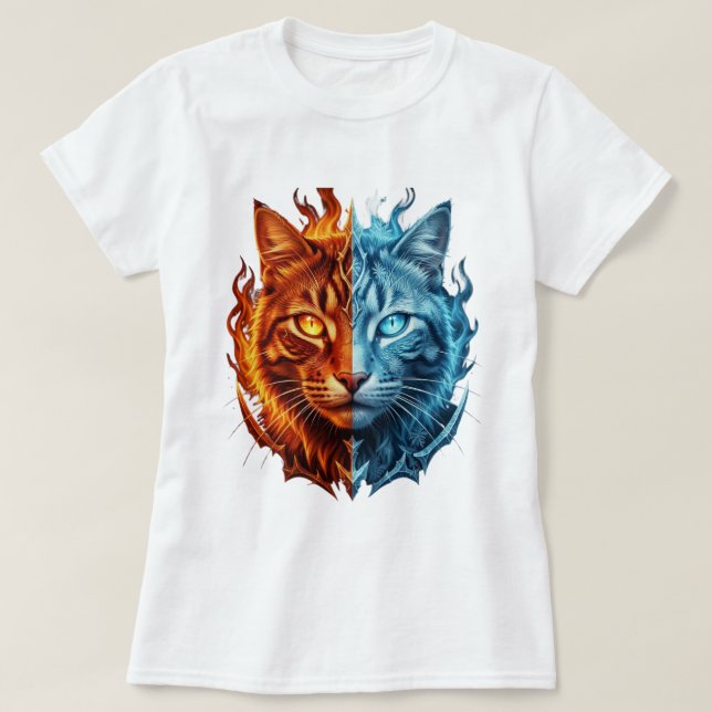 Fire and Ice Cat – Split Elemental Cat Face | T Shirt (Design framsida)