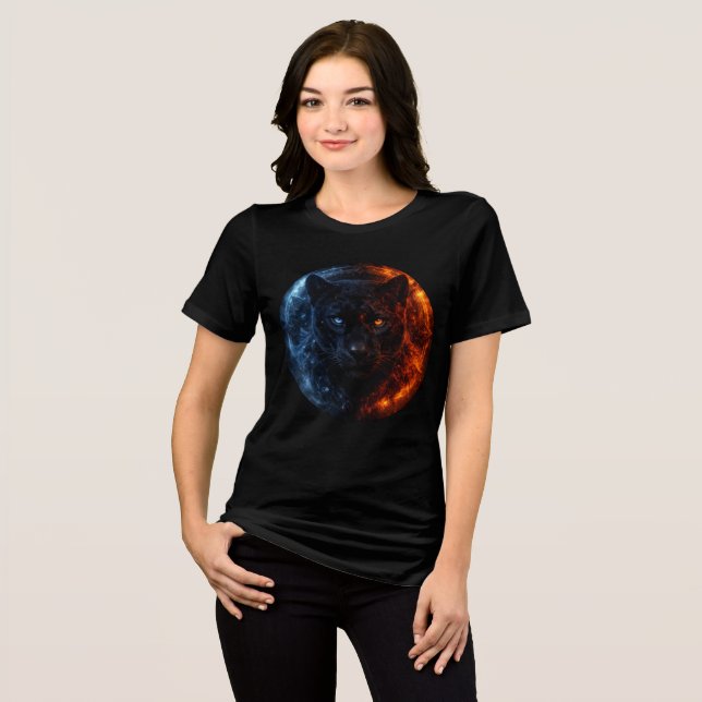 Fire and Ice Panther – Dual Element Fantasy Art T Shirt (Framsida Full)