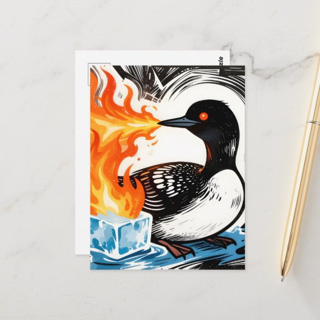 Fire Breathing Loon Melting Ice Vykort (Fram/Back In Situ)