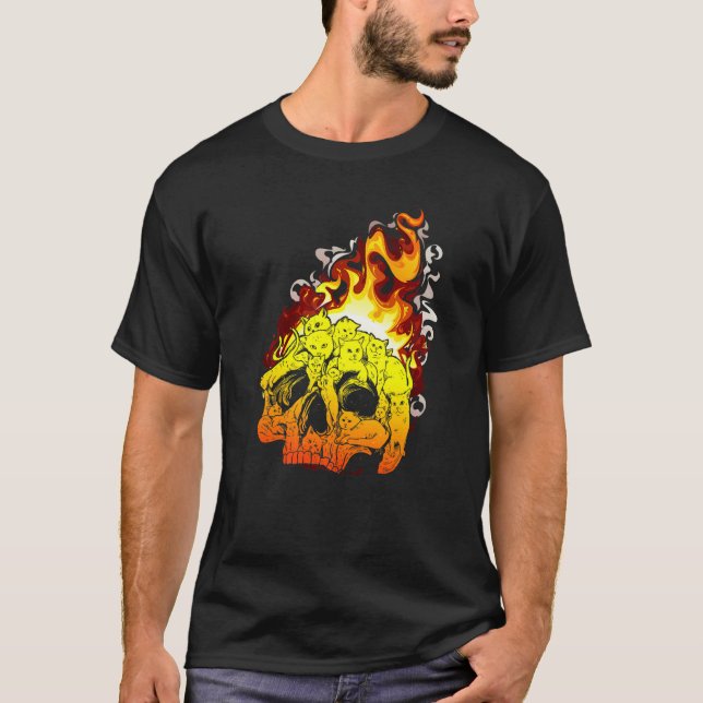 Fire Cat Burning Head Skull Head Bone Skull   T Shirt (Framsida)