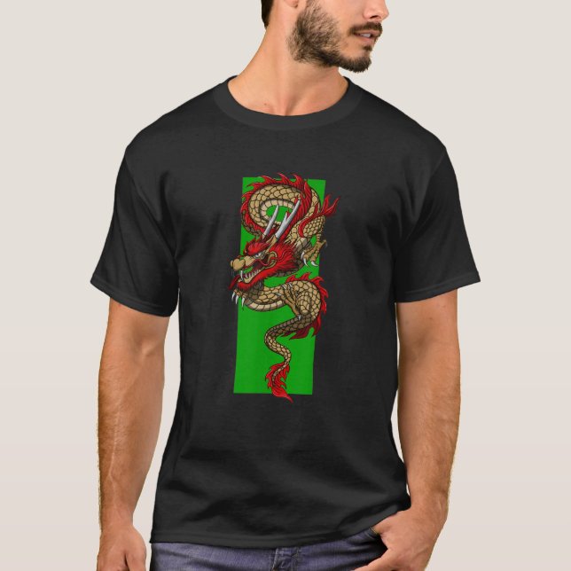 Fire Dragon Grönt Himlar T Shirt (Framsida)