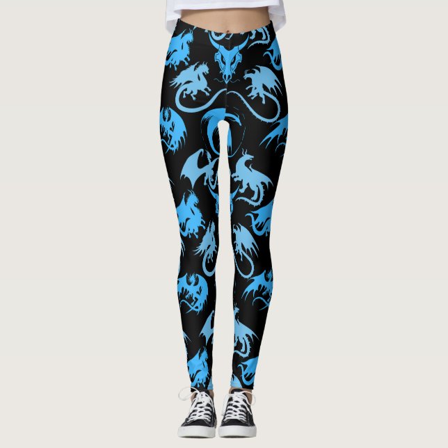 Fire Dragons Mönster LBlue Black BG Leggings (Framsida)