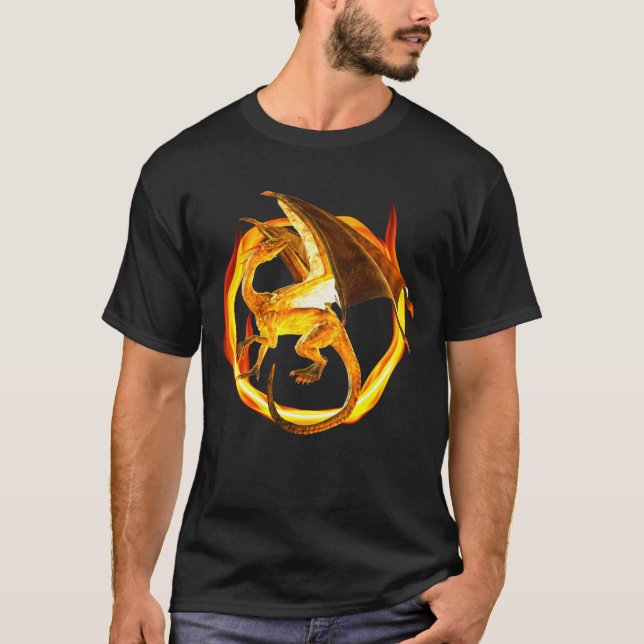Fire Guld Flame Dragon Magic Fantasy T Shirt (Framsida)
