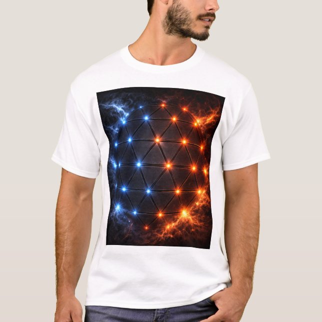 Fire & Ice Energy Sphere – Geometric Light Grid El T Shirt (Framsida)