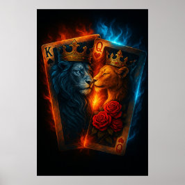 Fire & Ice Lions — Epic King & Queen Card Art Poster