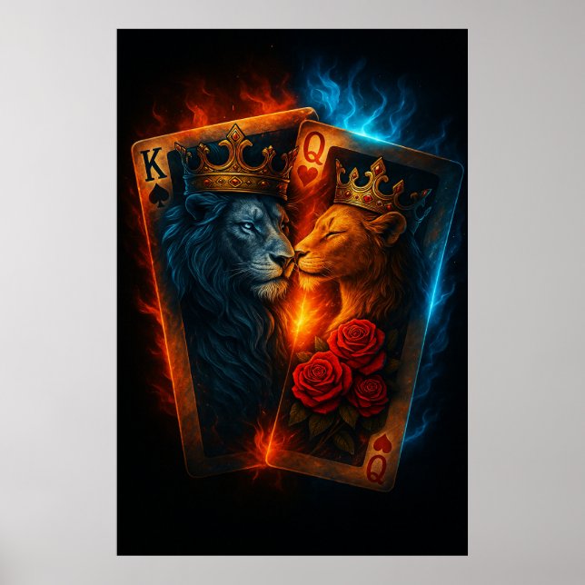 Fire & Ice Lions — Epic King & Queen Card Art Poster (Framsidan)