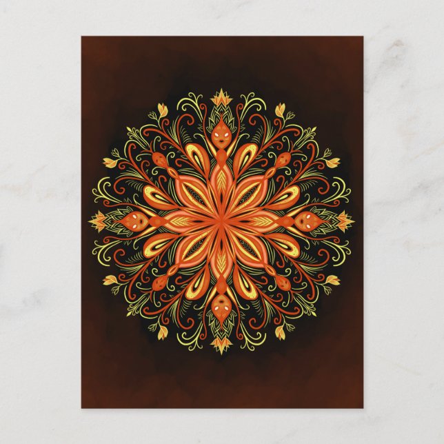Fire Inslag Mandala - Kaleidoscopic Flame Creatur Vykort (Framsida)