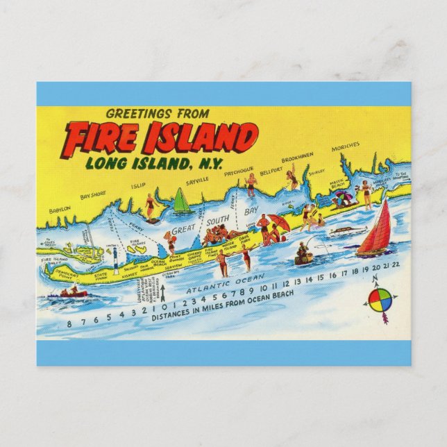 Fire Island Vintage Karta  Vykort (Framsida)