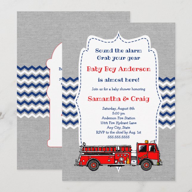 Fire Lastbil Baby Baby Shower Inbjudan, rum på bak Inbjudningar (Fram/baksida)