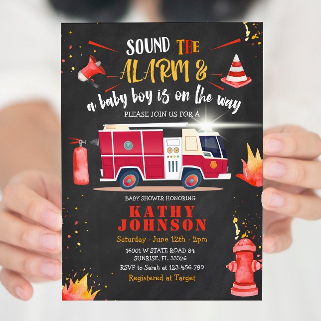Fire Lastbil Firefighter Boy Baby Baby Shower Ljud Inbjudningar (Skapare uppladdad)
