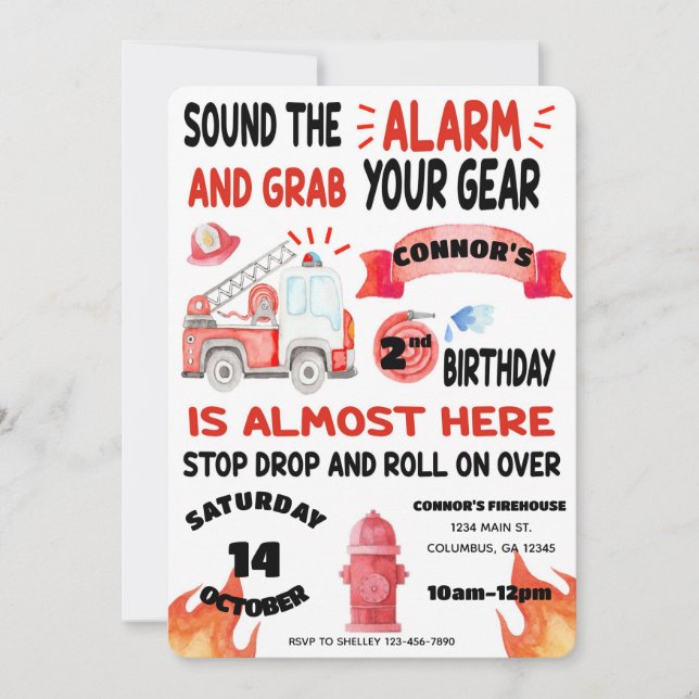 Fire Lastbil - Firefighter - Ljud vid Alarm Birthd Inbjudningar (Framsida)