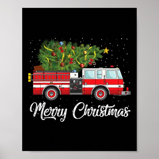Fire Lastbil Julafton Träd Funny Firefighter Gift  Poster (Framsidan)