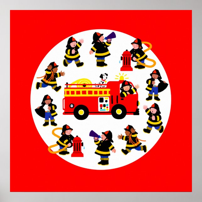 Fire Lastbil med Busy Firefighters Poster (Framsidan)