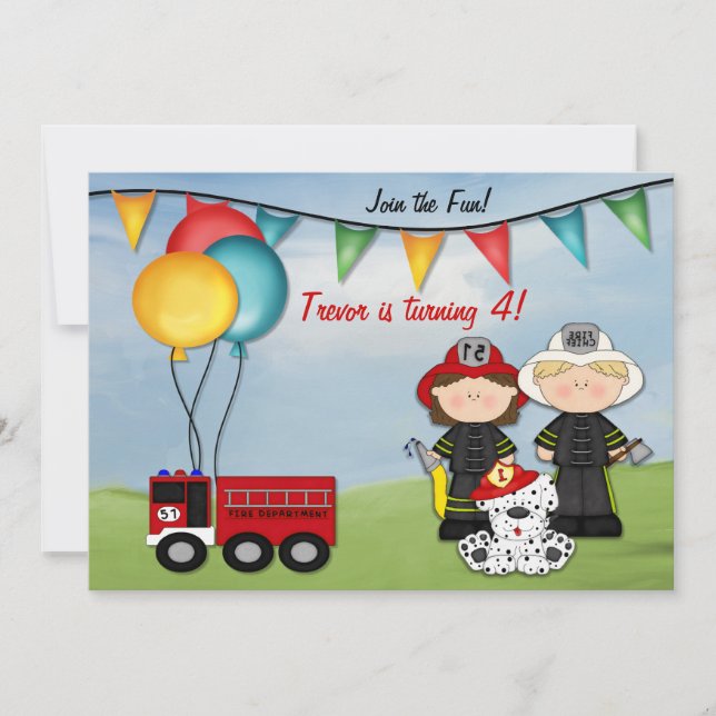Fire Lastbil och Little Fireman Birthday Inbjudningar (Framsida)